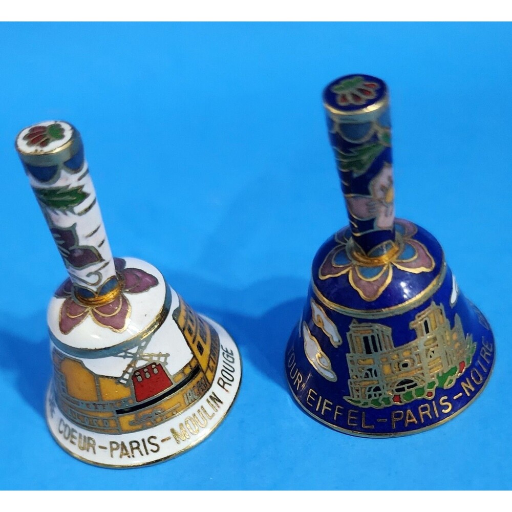 2 Vintage Miniature Cloisonne Enamel On Brass Bells Paris Eiffel Tower 1.5"